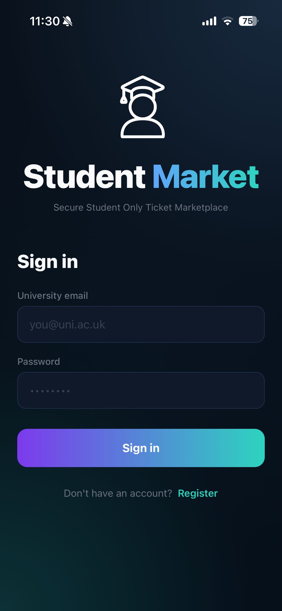 Student Market login screen